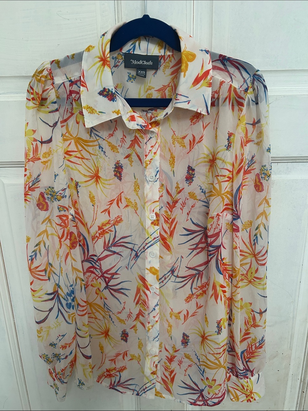 NWOT ModCloth Cream Sheer Floral Button-Up Blouse with Multicolor Print- XXS